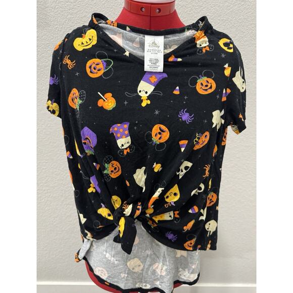 Disney Halloween T Shirt V Neck Tie Front Mickey Mouse Pumpkins Ghosts - Picture 4 of 5
